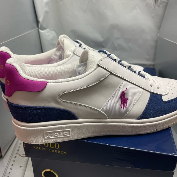 BNWT Ralph Lauren Polo Court Low-Top Sneaker. White, Blue & Pink. Men’s Size 10. - Picture 12 of 12